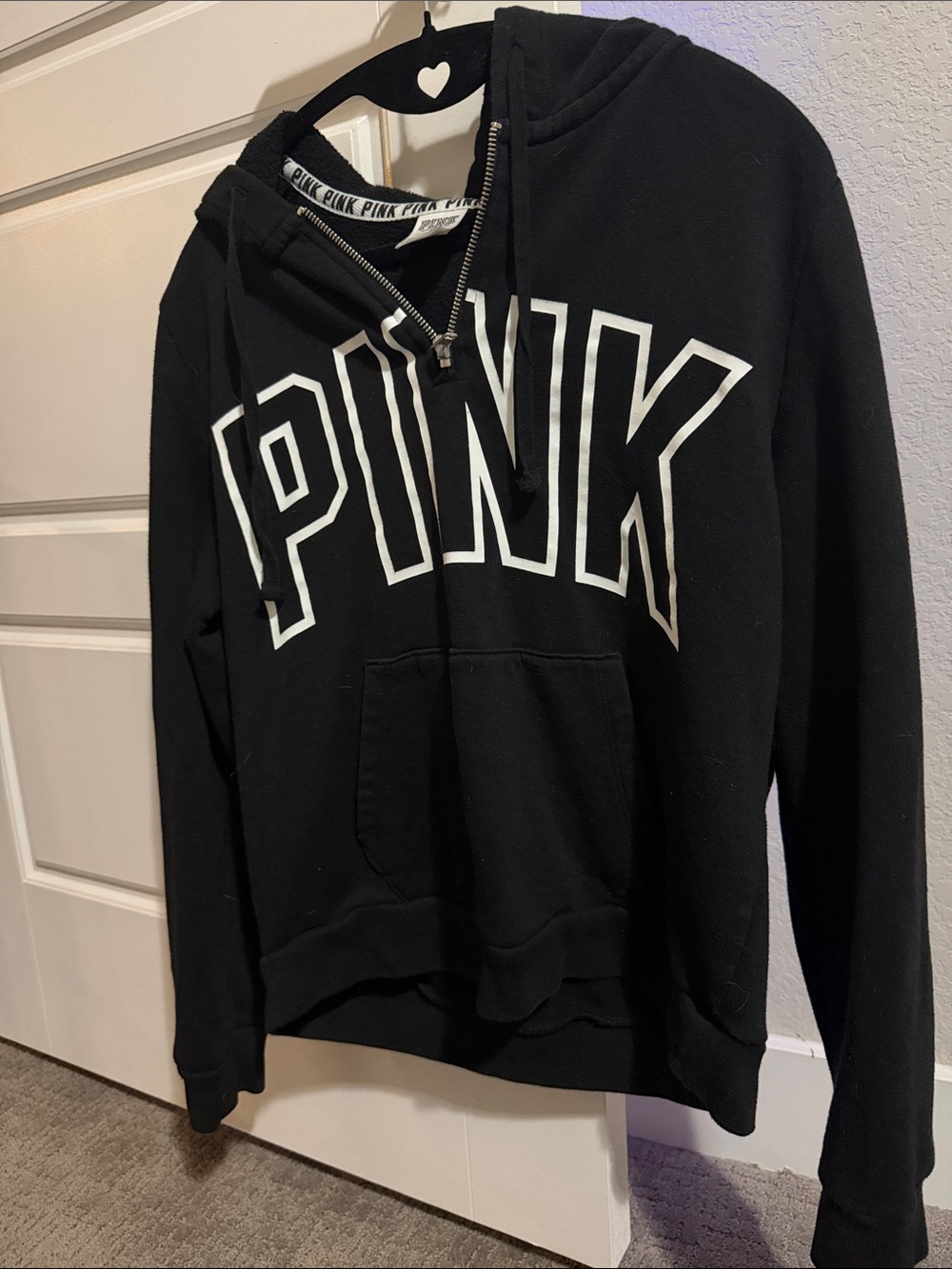 Victorias Secret: PINK Black Pullover Hoodie with Bold White Logo half zip up